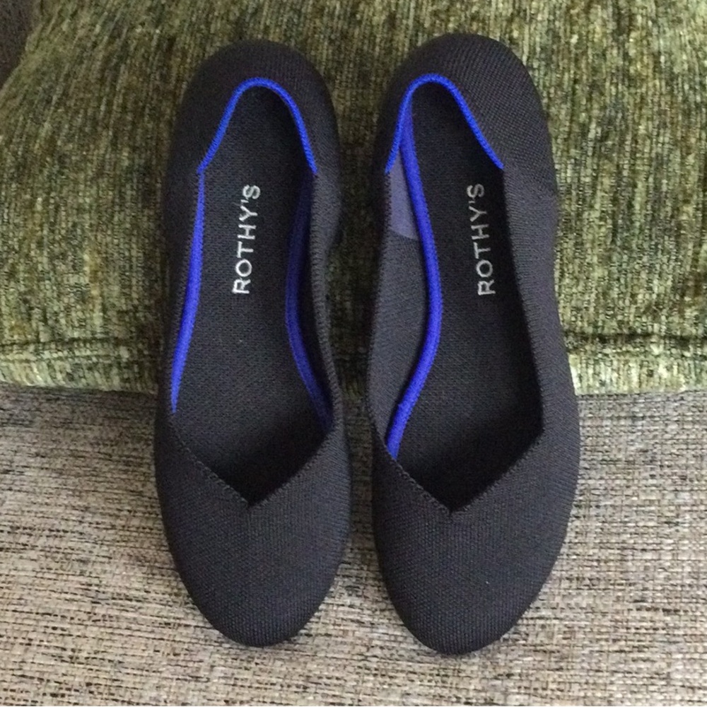 Rothy's Black Ballet Flats with Royal Blue Trim